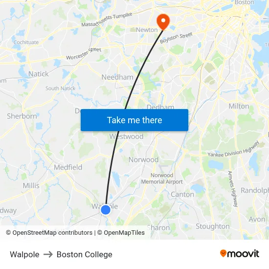 Walpole to Boston College map