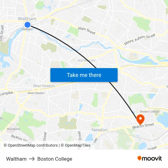 Waltham to Boston College map