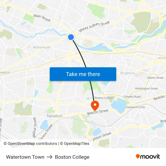 Watertown Town to Boston College map