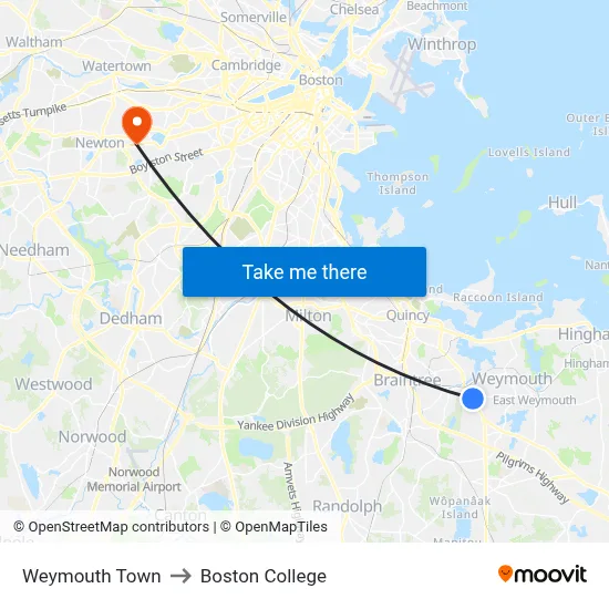 Weymouth Town to Boston College map