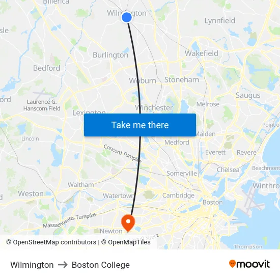 Wilmington to Boston College map