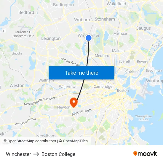 Winchester to Boston College map