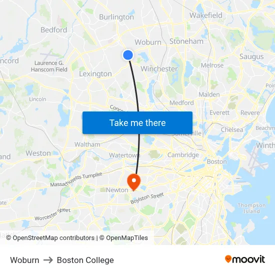 Woburn to Boston College map