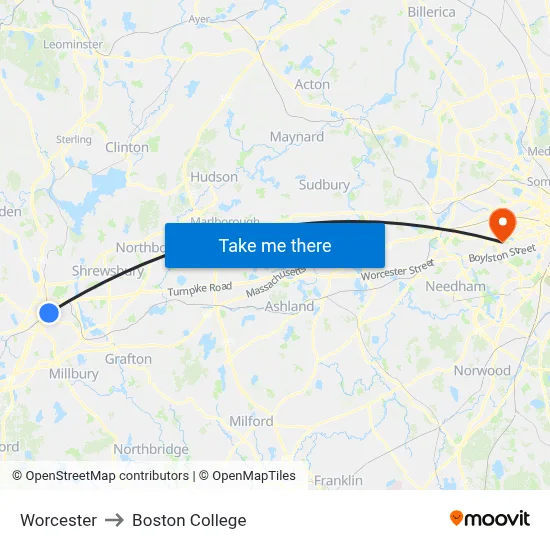Worcester to Boston College map