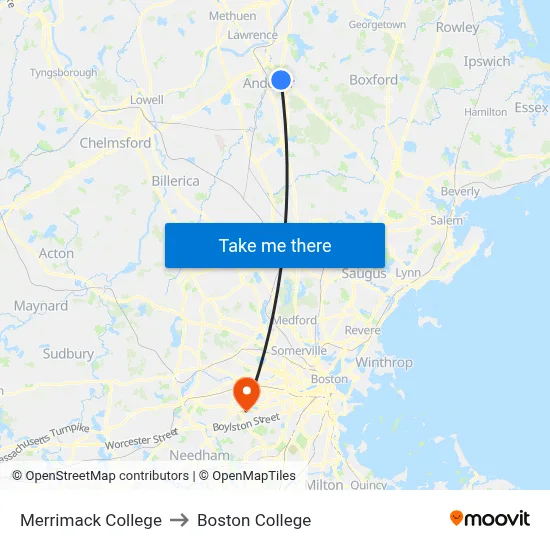 Merrimack College to Boston College map