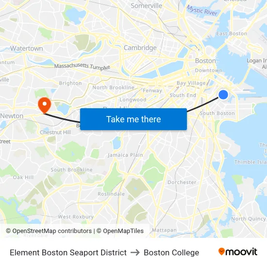 Element Boston Seaport District to Boston College map