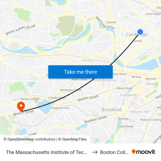 The Massachusetts Institute of Technology to Boston College map