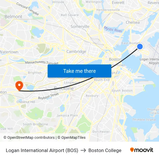 Logan International Airport (BOS) to Boston College map