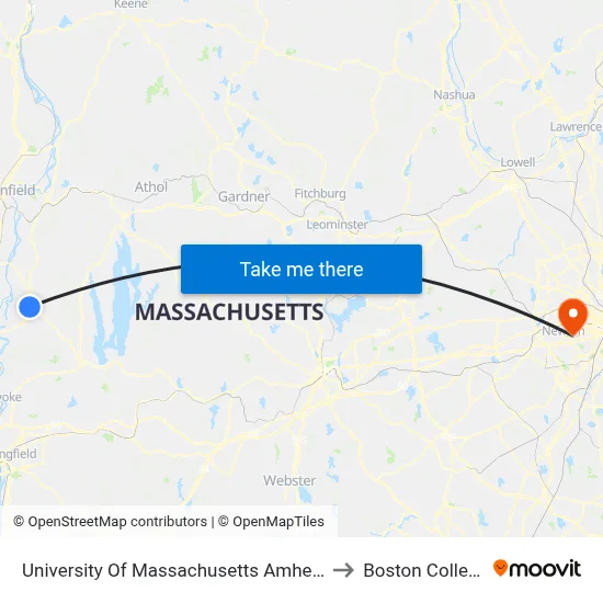 University Of Massachusetts Amherst to Boston College map