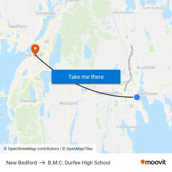 New Bedford to B.M.C. Durfee High School map