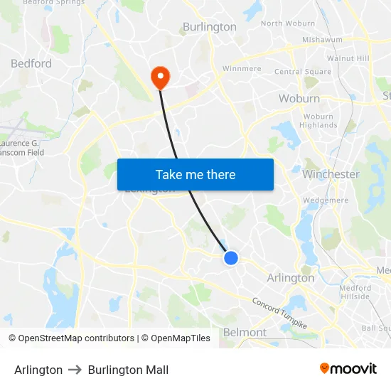 Arlington to Burlington Mall map
