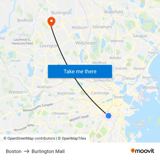 Boston to Burlington Mall map