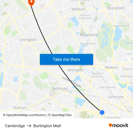 Cambridge to Burlington Mall map