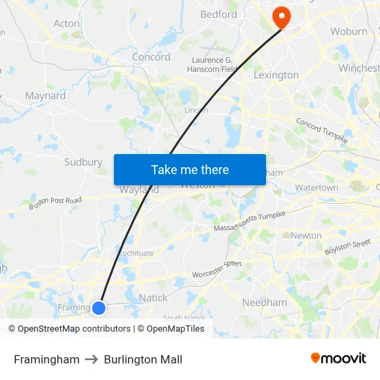 Framingham to Burlington Mall map