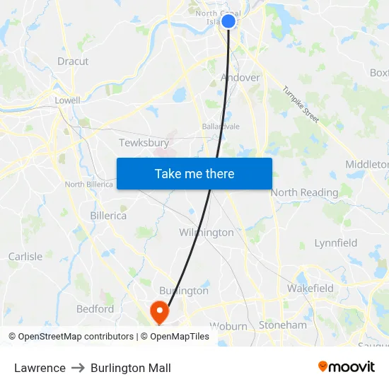 Lawrence to Burlington Mall map