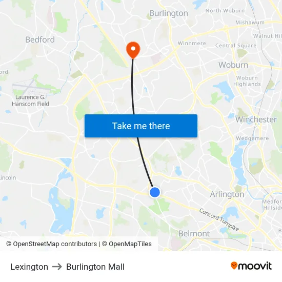 Lexington to Burlington Mall map