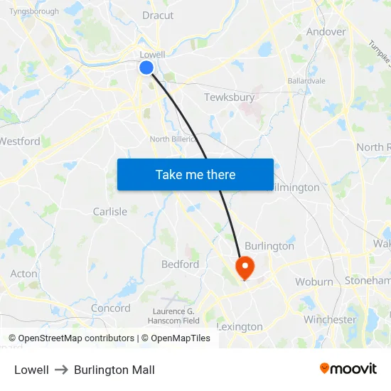 Lowell to Burlington Mall map
