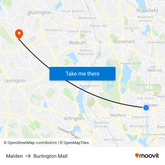 Malden to Burlington Mall map