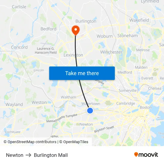 Newton to Burlington Mall map