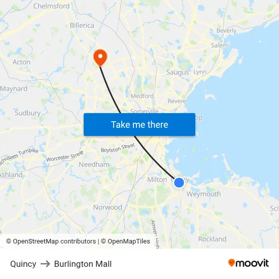 Quincy to Burlington Mall map