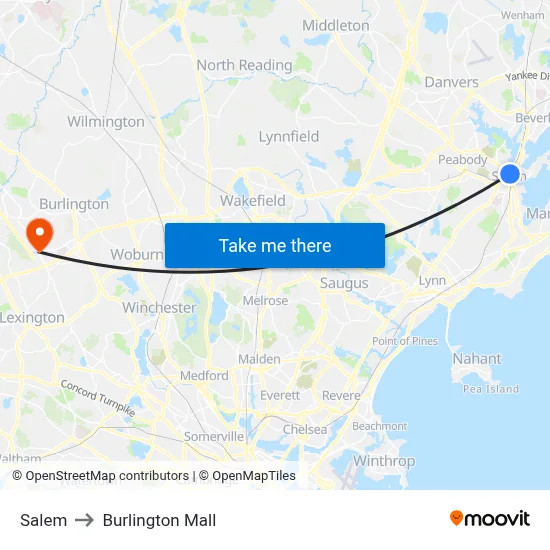 Salem to Burlington Mall map
