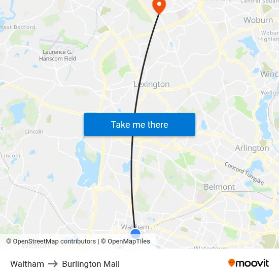 Waltham to Burlington Mall map