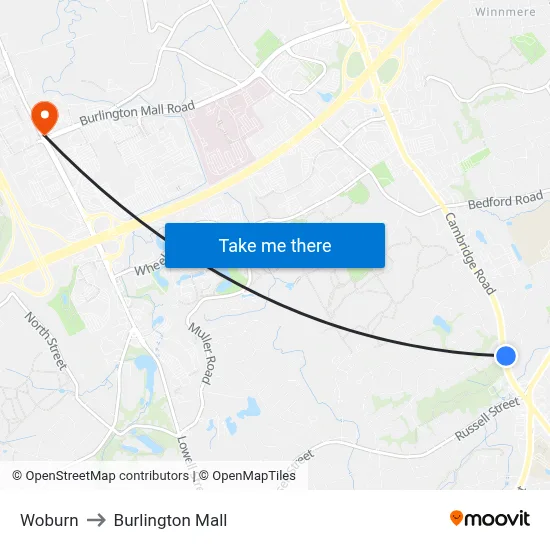 Woburn to Burlington Mall map