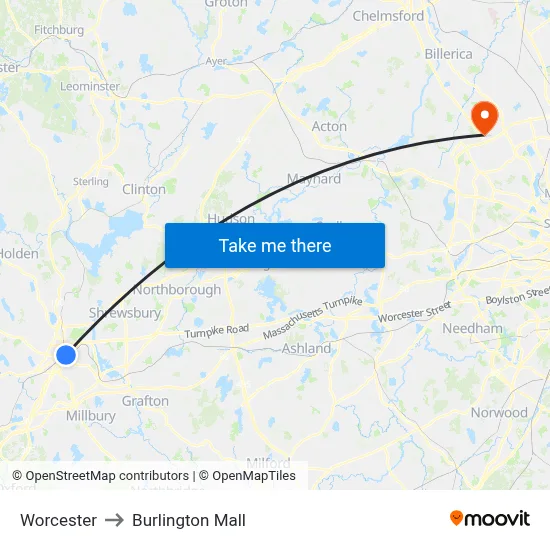 Worcester to Burlington Mall map