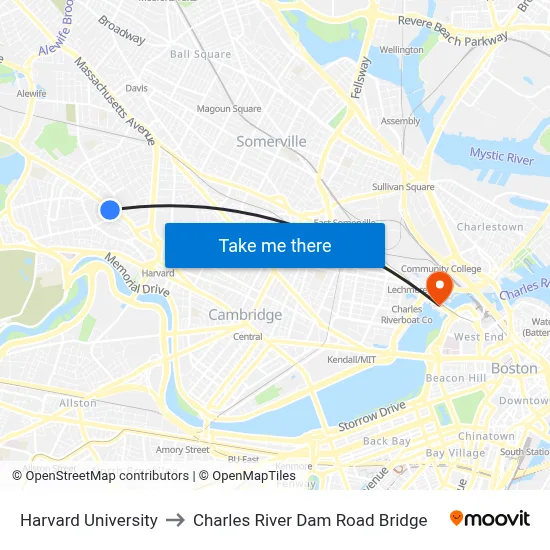 Harvard University to Charles River Dam Road Bridge map