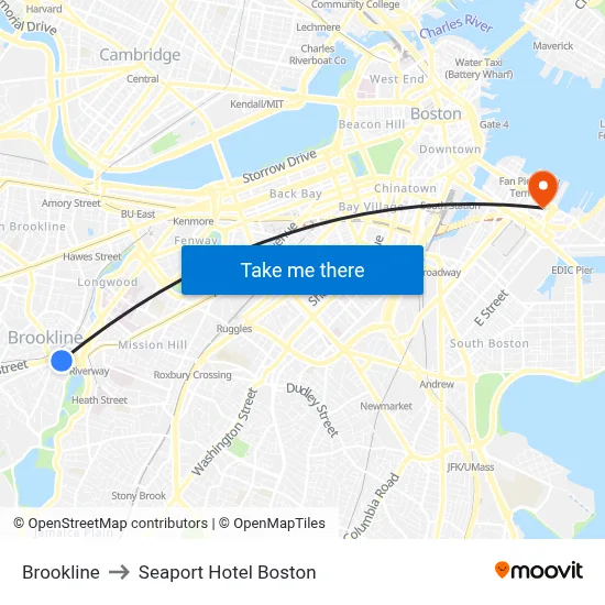 Brookline to Seaport Hotel Boston map