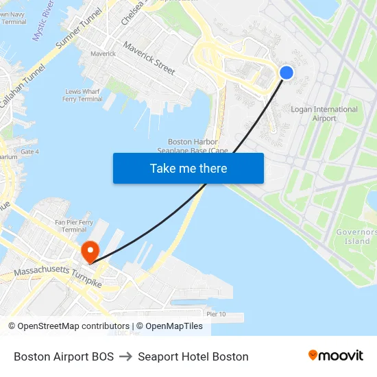 Boston Airport BOS to Seaport Hotel Boston map
