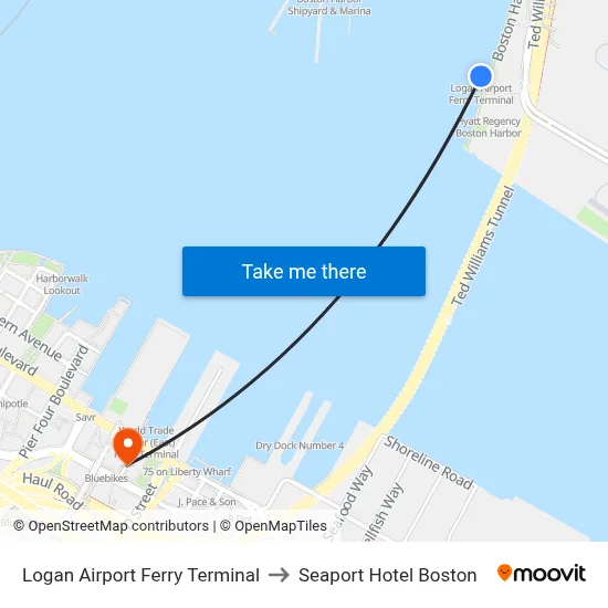 Logan Airport Ferry Terminal to Seaport Hotel Boston map