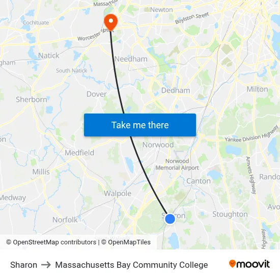 Sharon to Massachusetts Bay Community College map