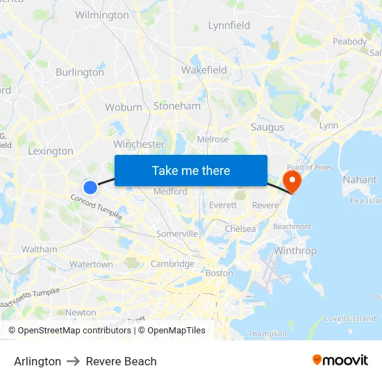 Arlington to Revere Beach map