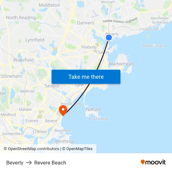 Beverly to Revere Beach map
