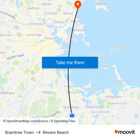 Braintree Town to Revere Beach map