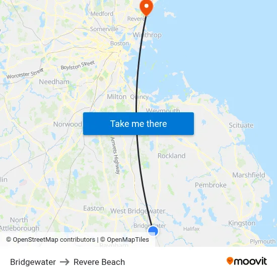 Bridgewater to Revere Beach map