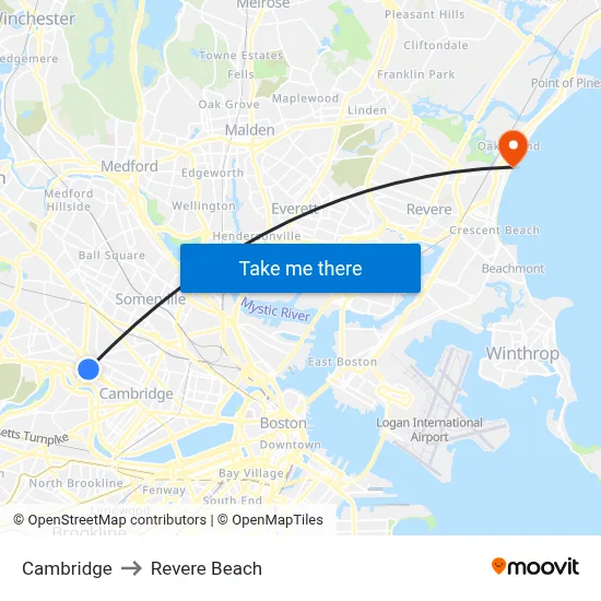 Cambridge to Revere Beach map