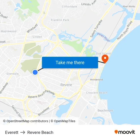 Everett to Revere Beach map