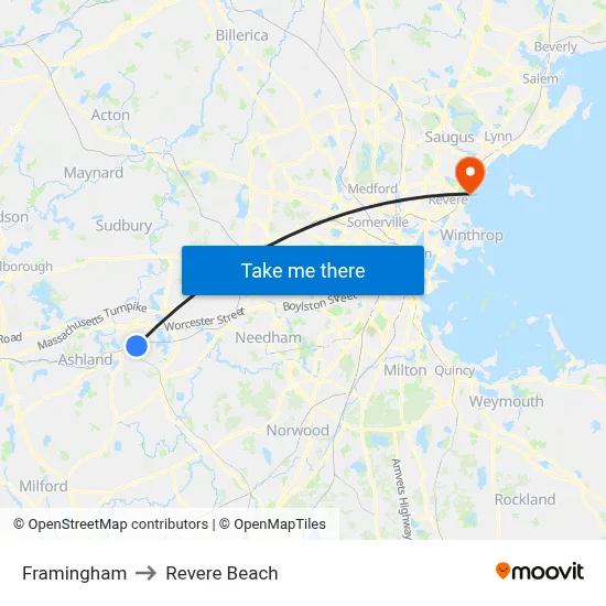 Framingham to Revere Beach map