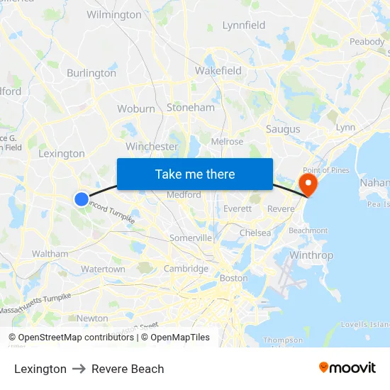 Lexington to Revere Beach map