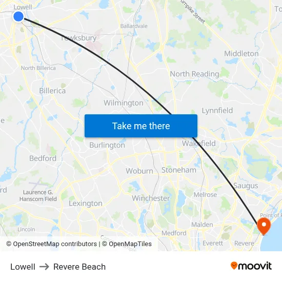 Lowell to Revere Beach map