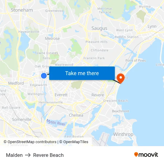 Malden to Revere Beach map