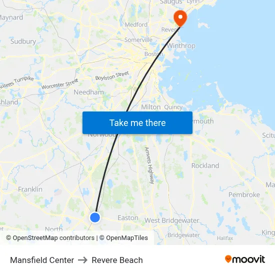 Mansfield Center to Revere Beach map