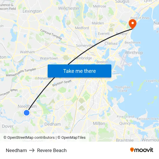 Needham to Revere Beach map