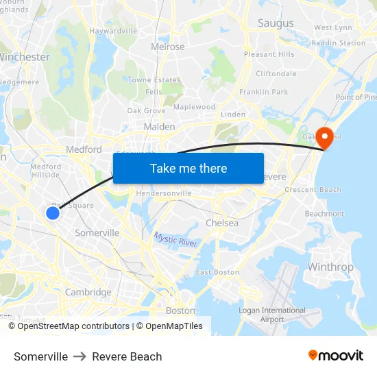 Somerville to Revere Beach map