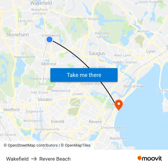 Wakefield to Revere Beach map