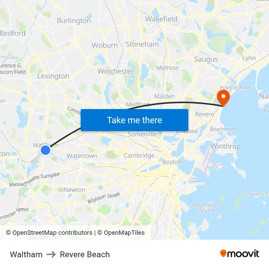 Waltham to Revere Beach map