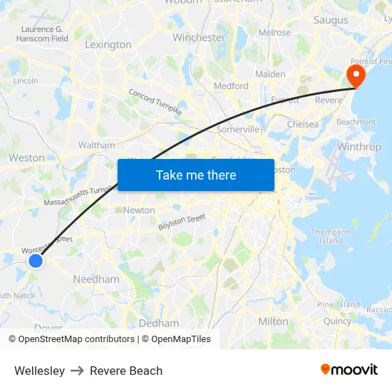Wellesley to Revere Beach map