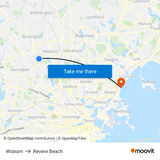 Woburn to Revere Beach map